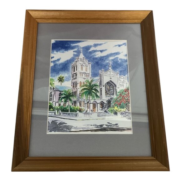 George K. Salhofer Signed Print – Cathedral with Palm Trees – Framed - Picture 1 of 5